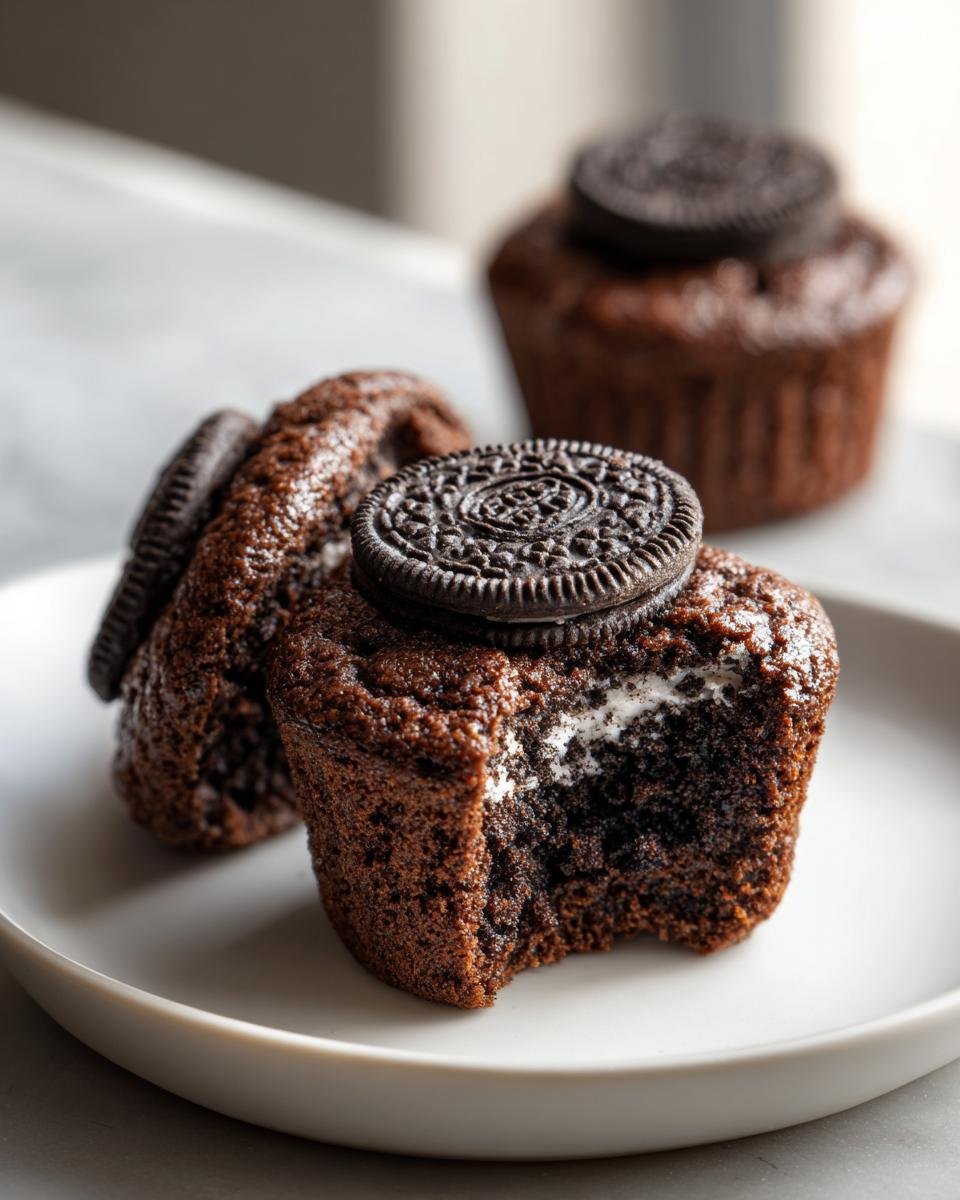 Close-up of a Bakery Style Oreo Muffin cut open showing the creamy filling, topped with an Oreo cookie.