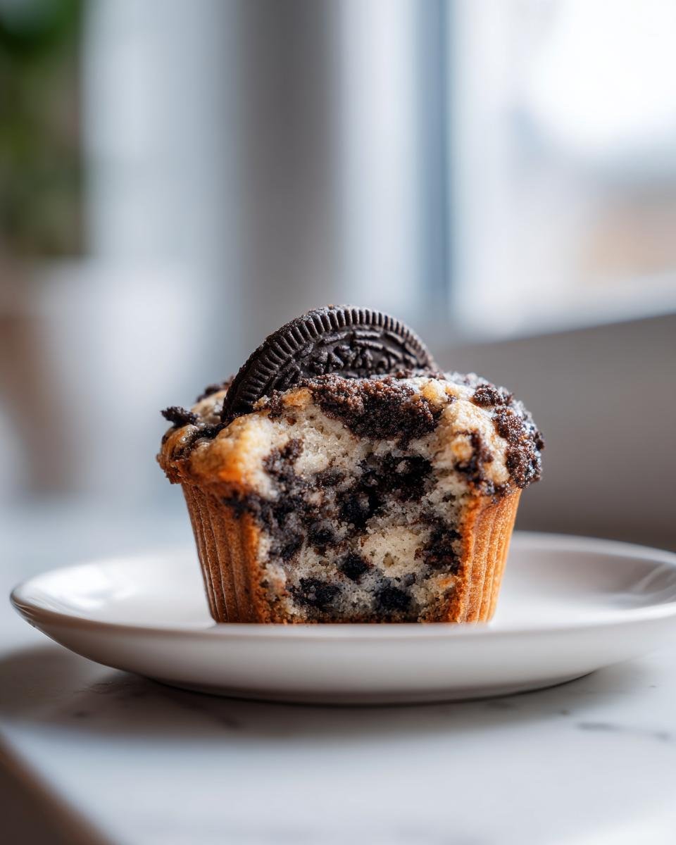 A close-up of a Bakery Style Oreo Muffins At Home, cut in half, showing the chocolate cookie chunks inside and topped with an Oreo.