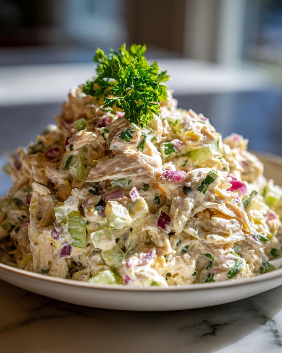 A heaping mound of Best Chicken Salad Recipe Refreshing Summer Delight topped with fresh parsley.