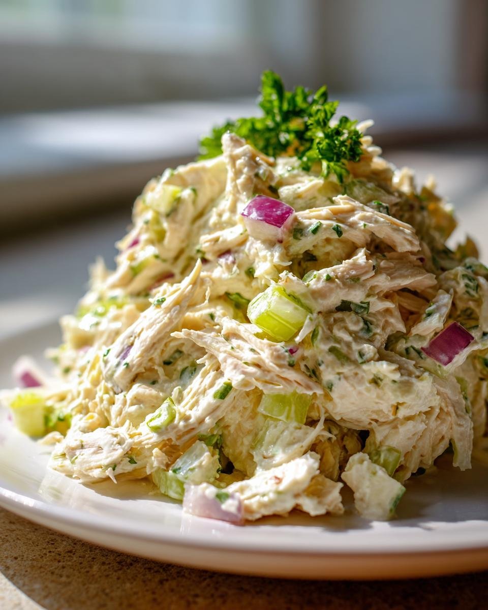 A close-up of the Best Chicken Salad Recipe Refreshing Summer Delight piled high on a white plate, showing shredded chicken, celery, and red onion.