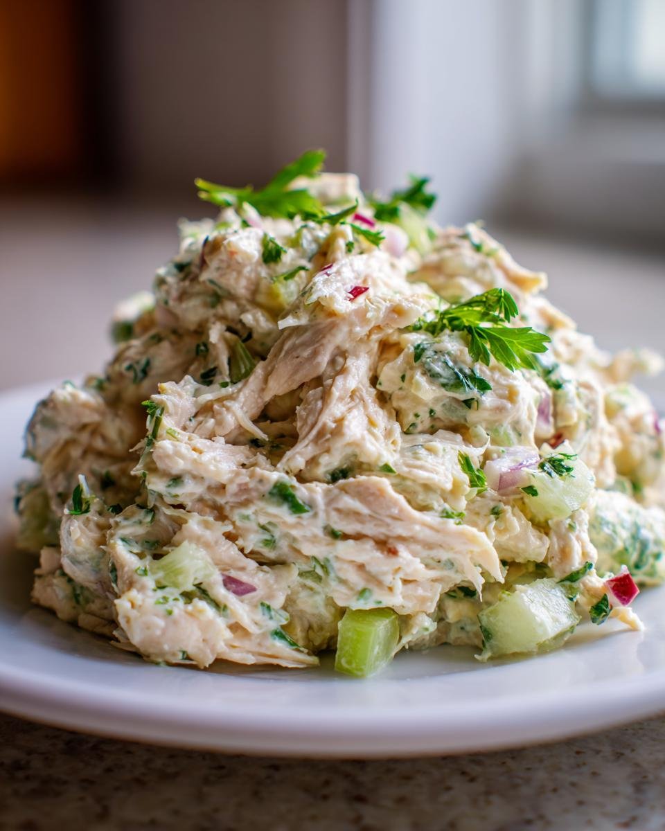 A mound of creamy Best Chicken Salad Recipe Refreshing Summer Delight garnished with fresh parsley on a white plate.