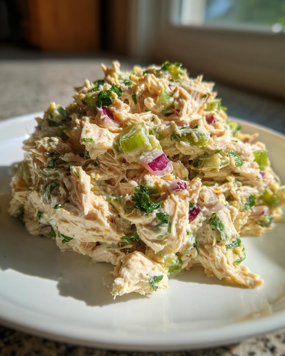 A generous mound of Best Chicken Salad Recipe Refreshing Summer Delight with celery and red onion on a white plate.