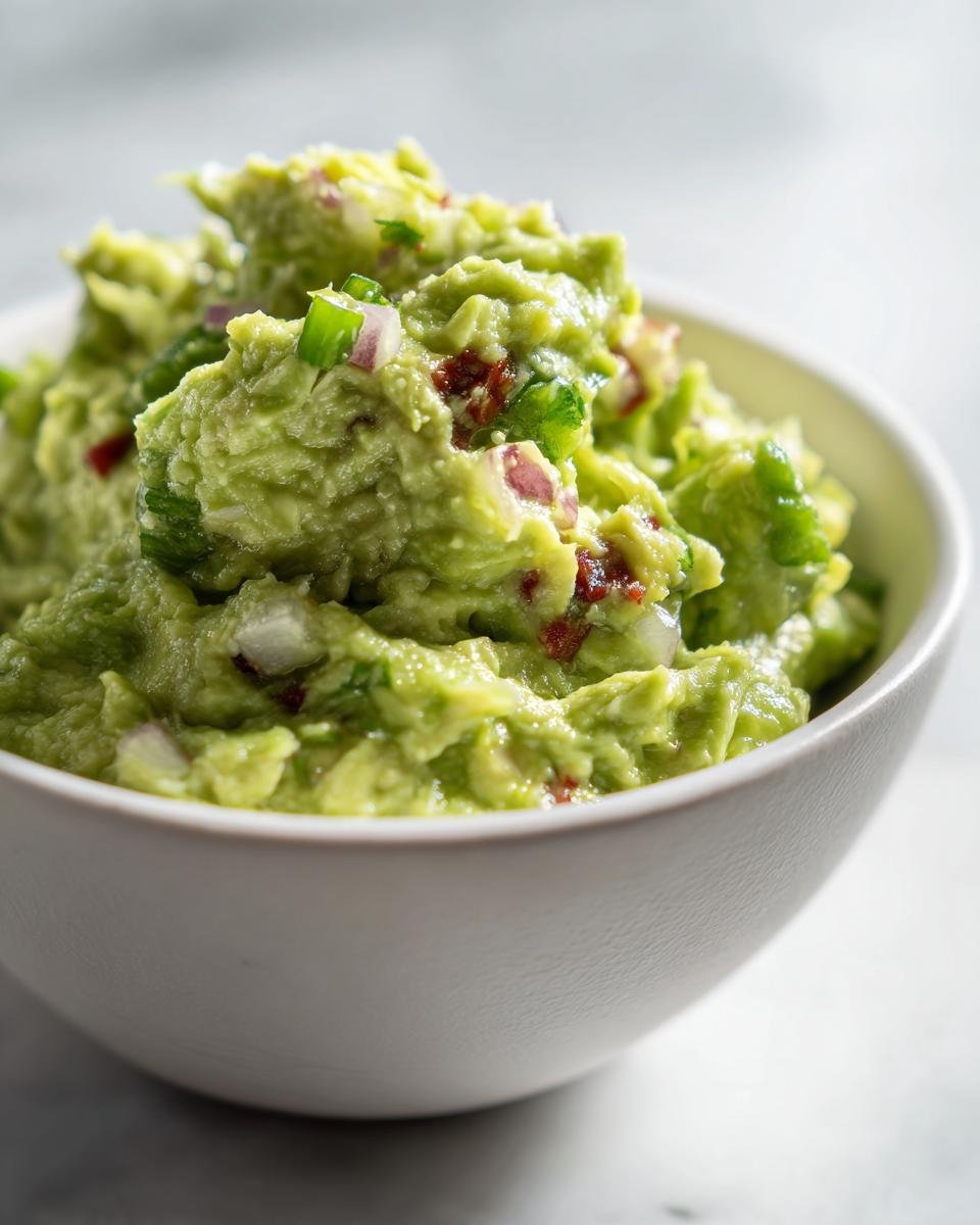 Close-up of The Best Guacamole Recipe Creamy Flavorful Delight, chunky with visible red onion and jalape&ntilde;o pieces.