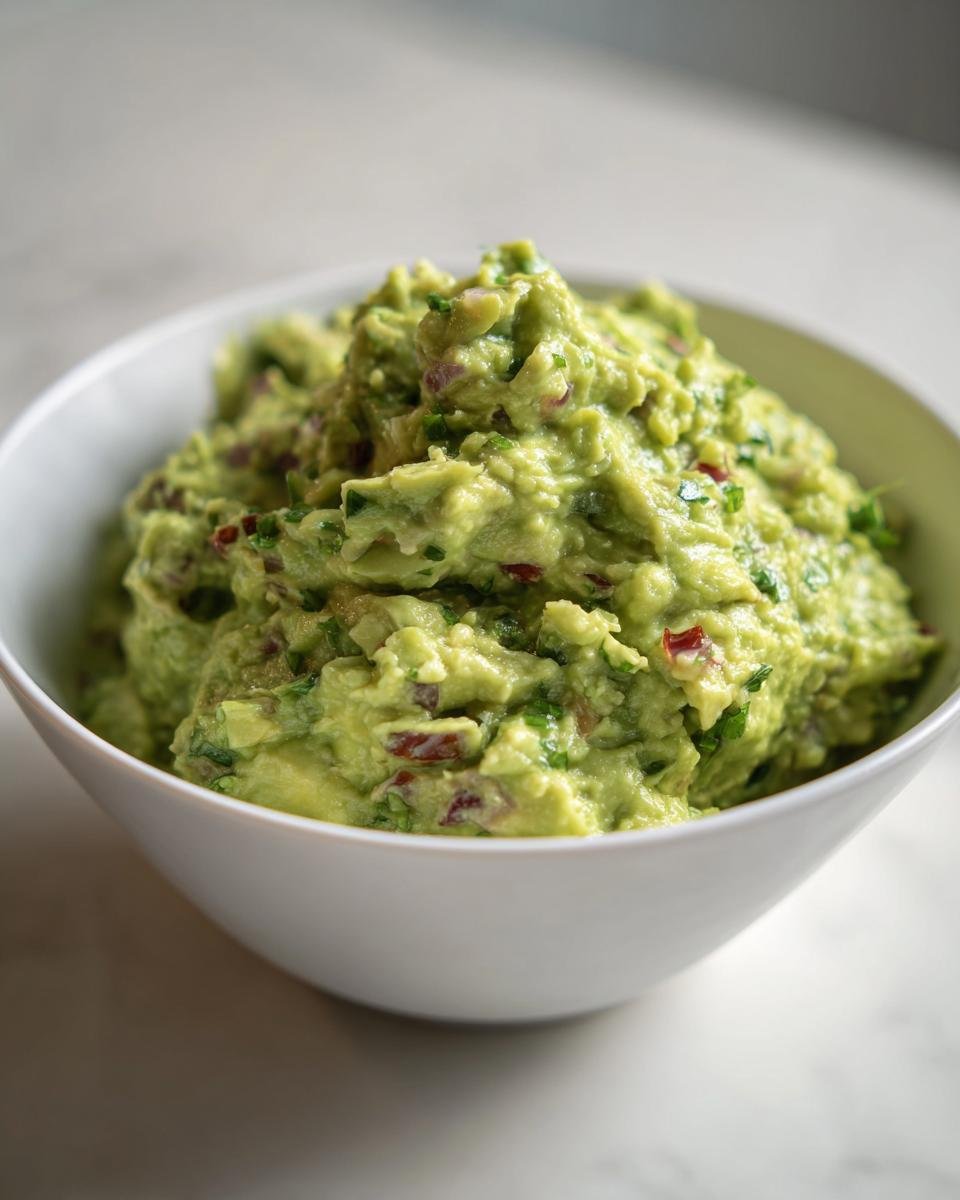 A close-up of a white bowl filled with The Best Guacamole Recipe Creamy Flavorful Delight, showing chunky texture.