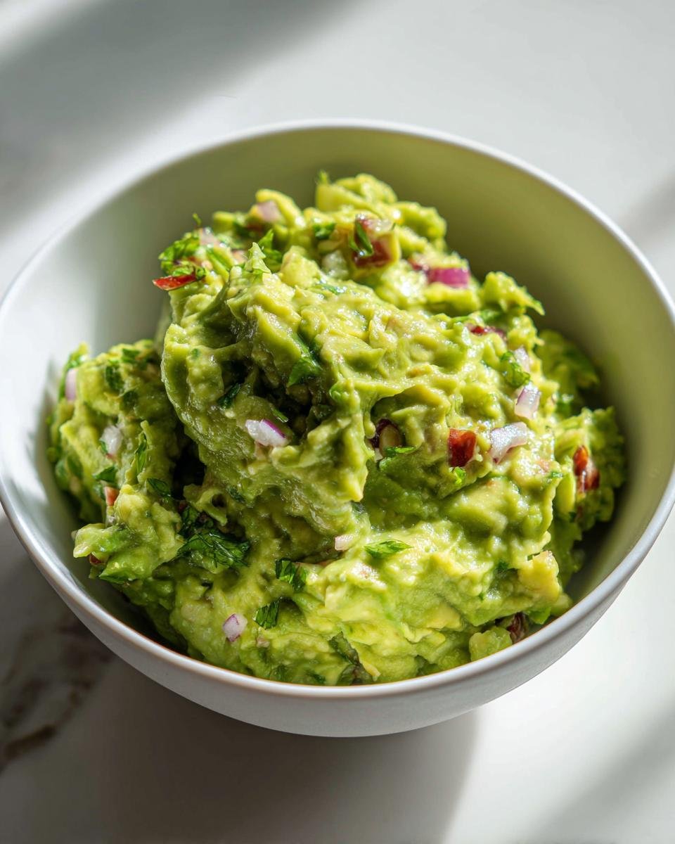 Close-up of The Best Guacamole Recipe Creamy Flavorful Delight, chunky with visible red onion and cilantro.