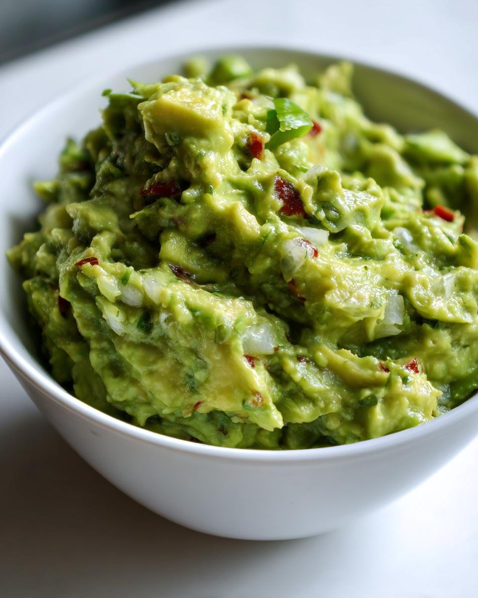 Close-up of creamy, chunky guacamole with visible pieces of onion and chili in a white bowl.