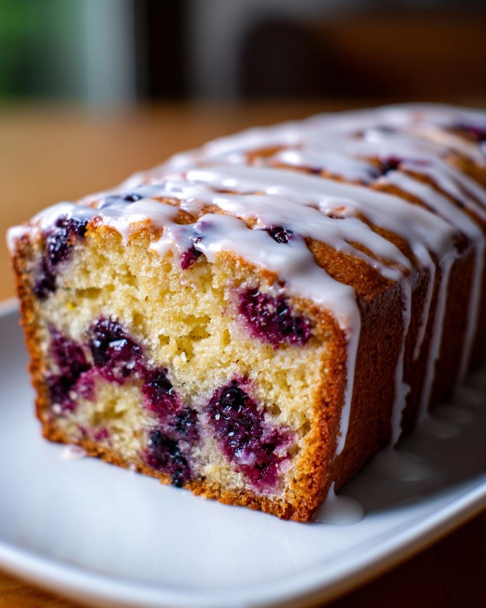 A close-up of a freshly baked Delightful Blackberry Lemon Loaf Recipe To Savor Today, drizzled with white lemon glaze.
