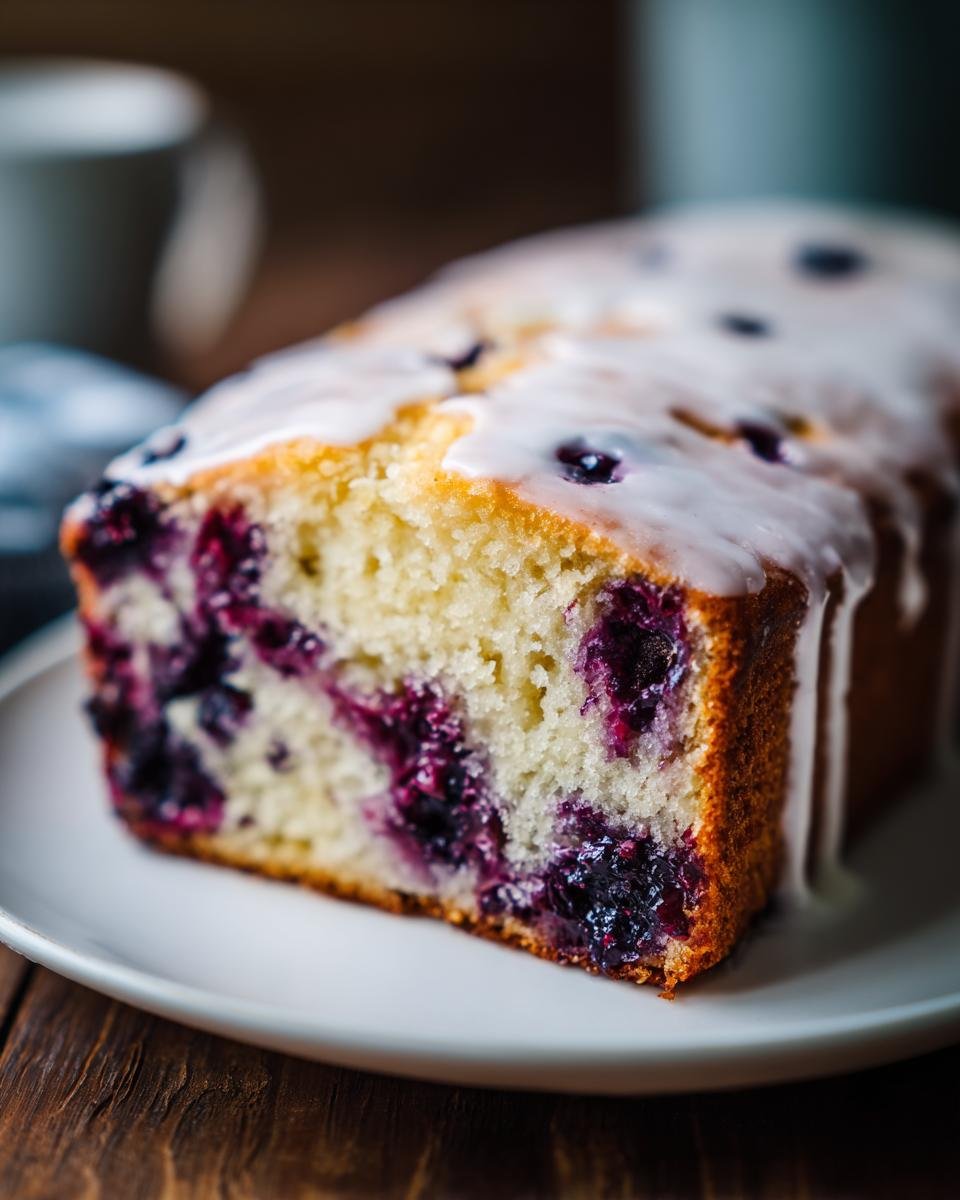 A close-up of a slice from a Delightful Blackberry Lemon Loaf Recipe, topped with white lemon glaze.