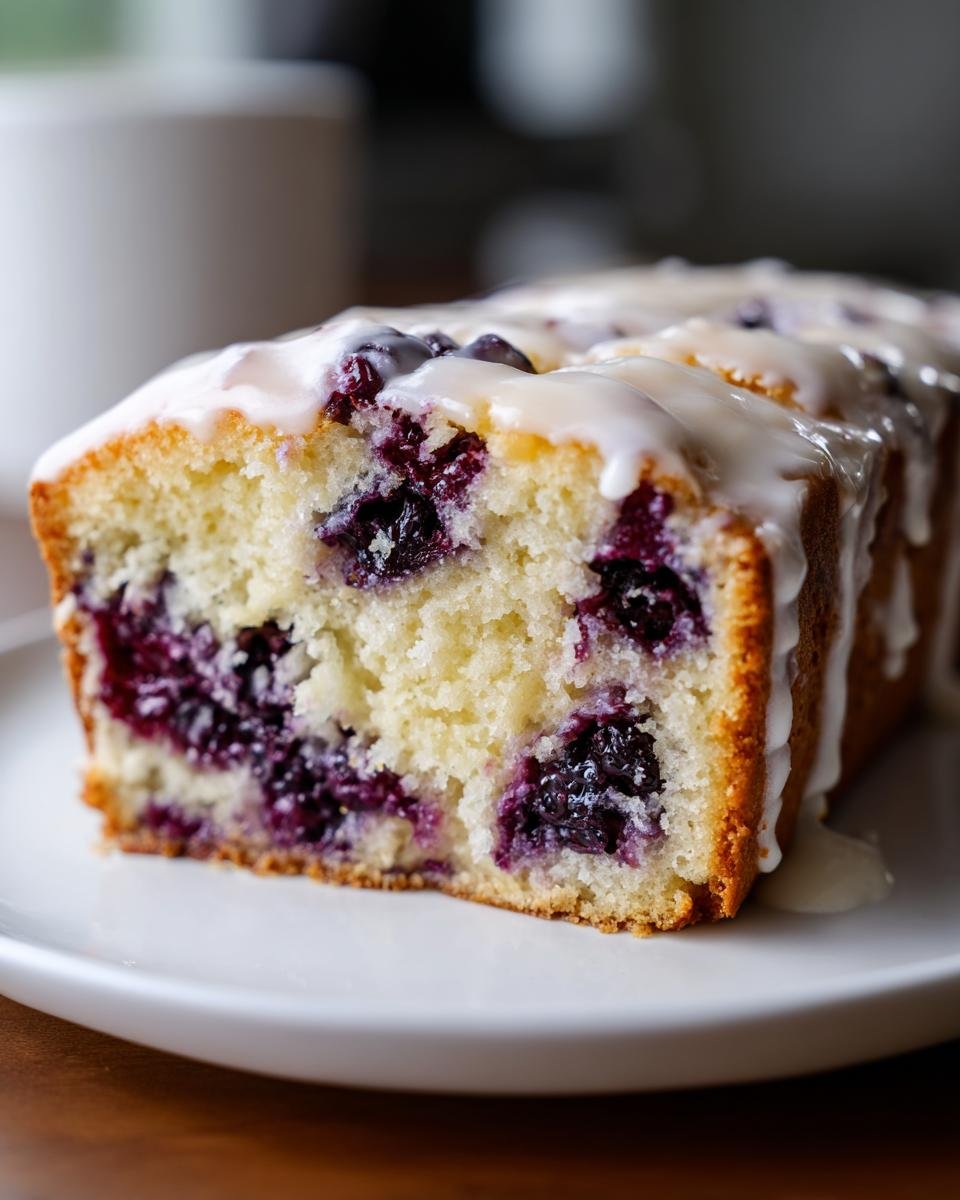 Close-up of a slice from a Delightful Blackberry Lemon Loaf Recipe, showing moist cake studded with blackberries and topped with white glaze.