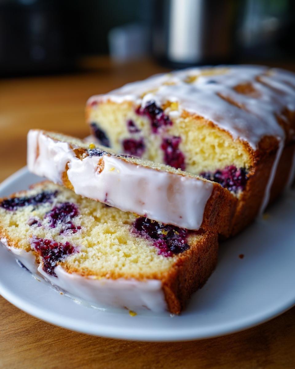 Close-up of two thick slices cut from a Delightful Blackberry Lemon Loaf Recipe, topped with white lemon glaze.