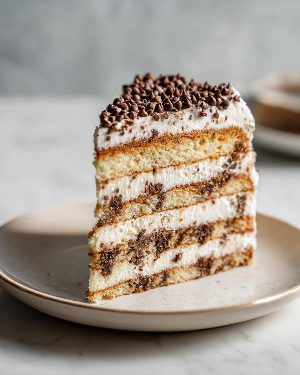 A tall slice of delicious Cannoli Layer Cake Recipe featuring multiple layers of sponge cake, cream filling with chocolate chips, and topped with mini chocolate chips.