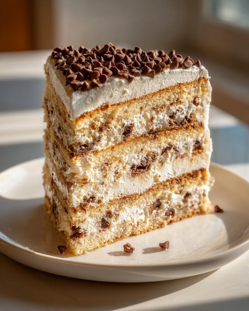 A tall, decadent slice of Cannoli Layer Cake Recipe featuring three layers of cake and cream filling with chocolate chips.