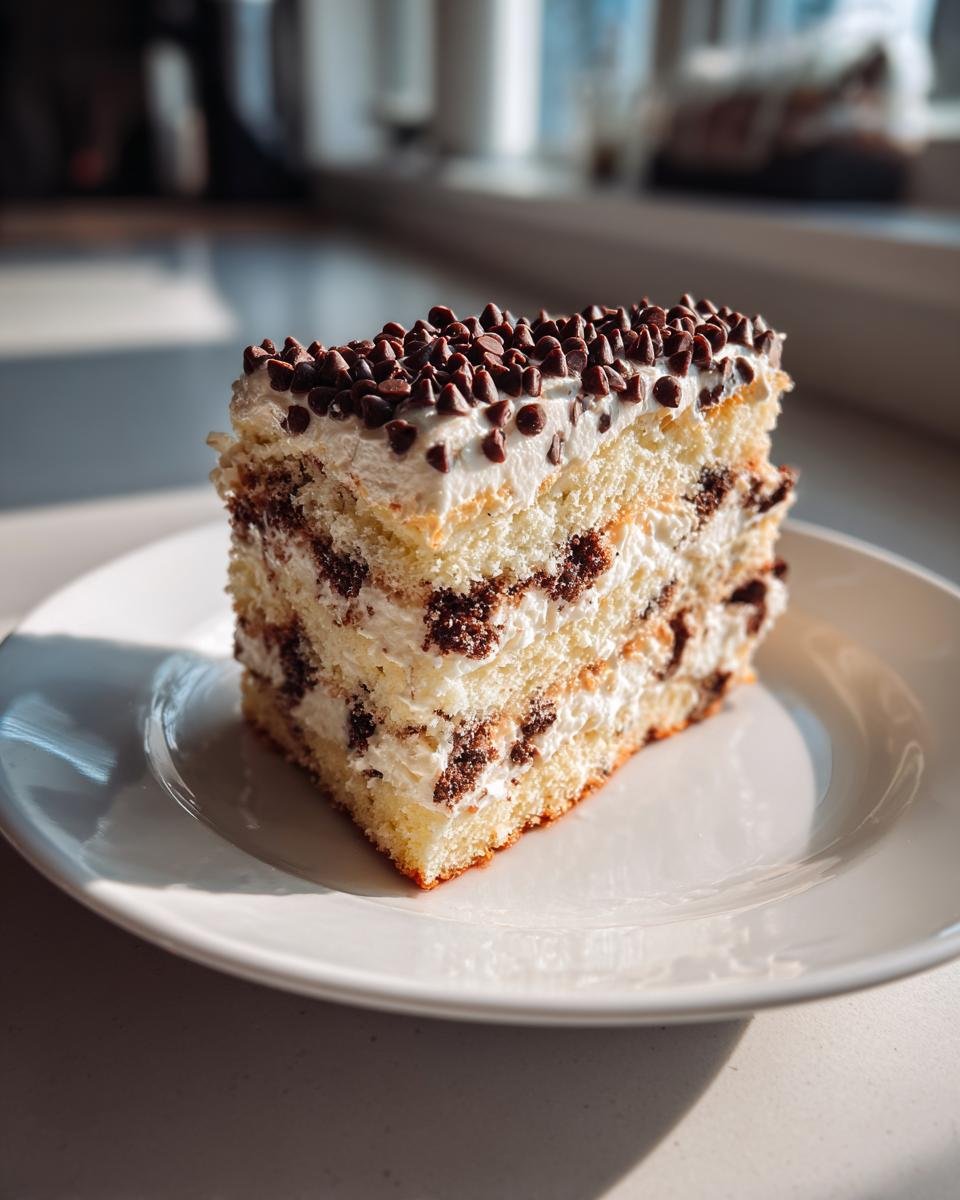 A decadent slice of Cannoli Layer Cake with white frosting, chocolate chips mixed in the filling, and topped with mini chocolate chips.