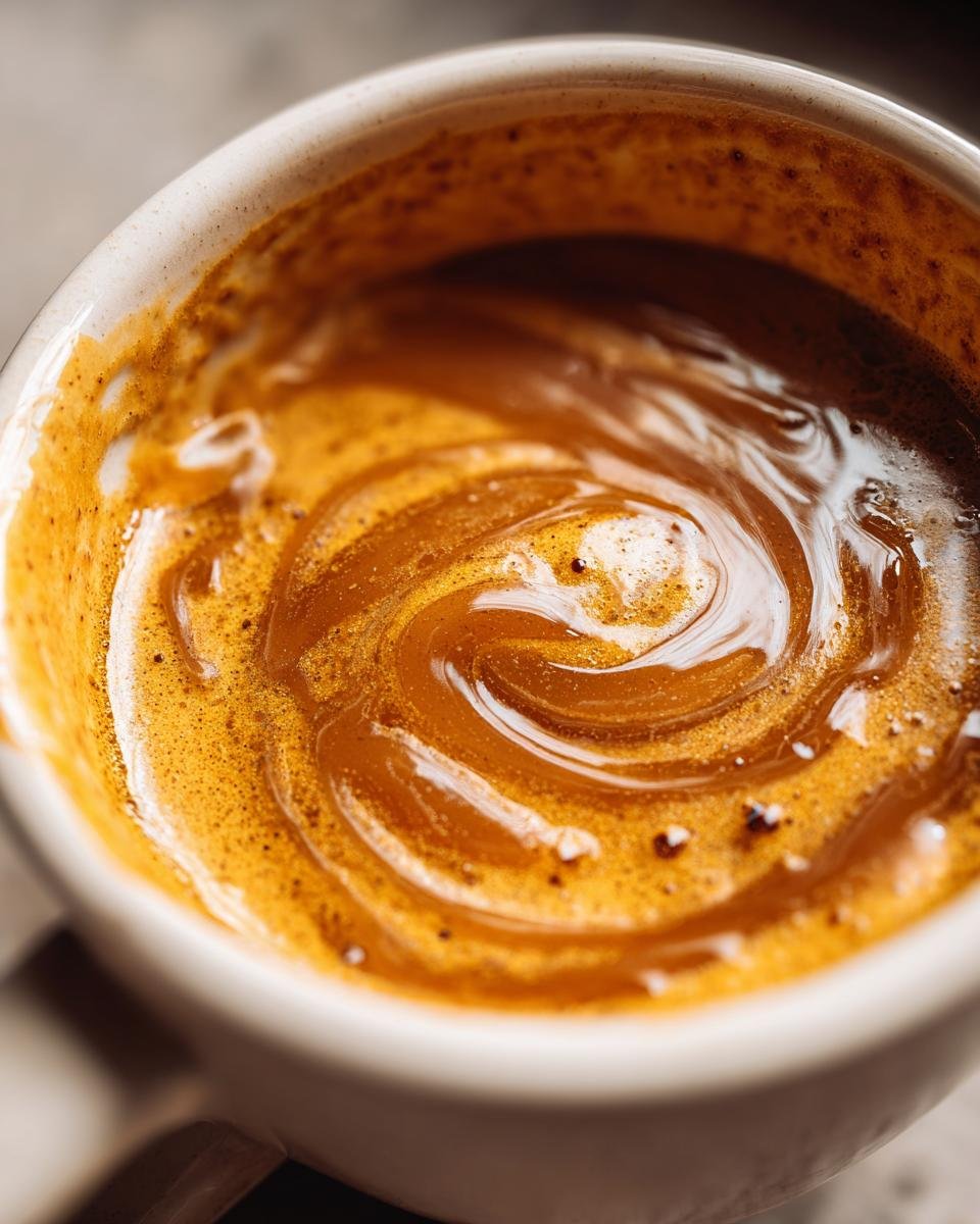 Close-up of a rich, swirling texture in a mug, representing the Irresistible Caramel Apple Cider Recipe.