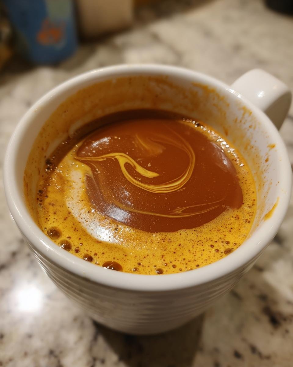 Close-up of a rich, brown caramel apple cider in a white mug, showing a beautiful swirl of cream or caramel on top.