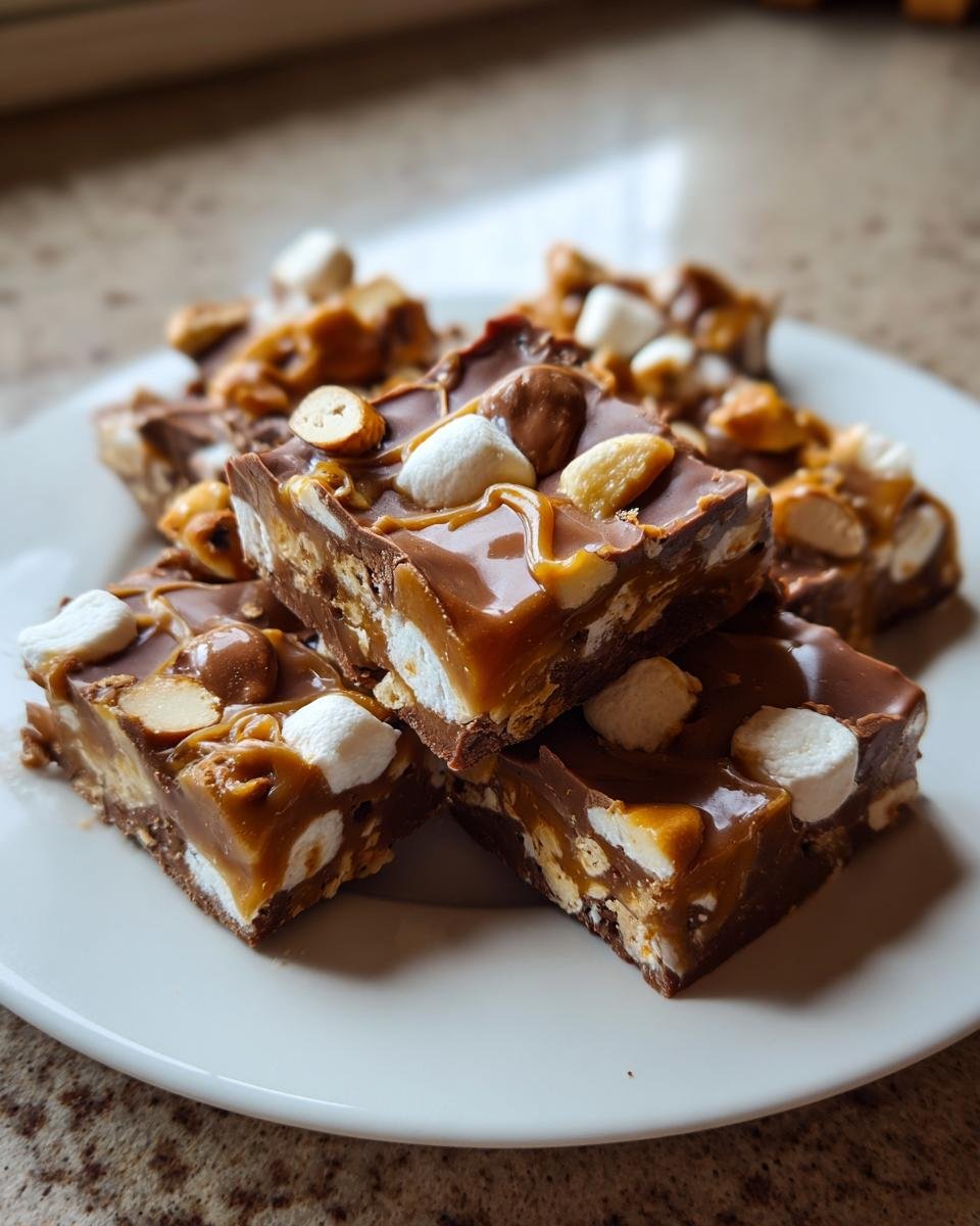 Close-up of stacked squares of Irresistible Caramel Apple Rocky Road Delight, showing marshmallows, nuts, and caramel topping.