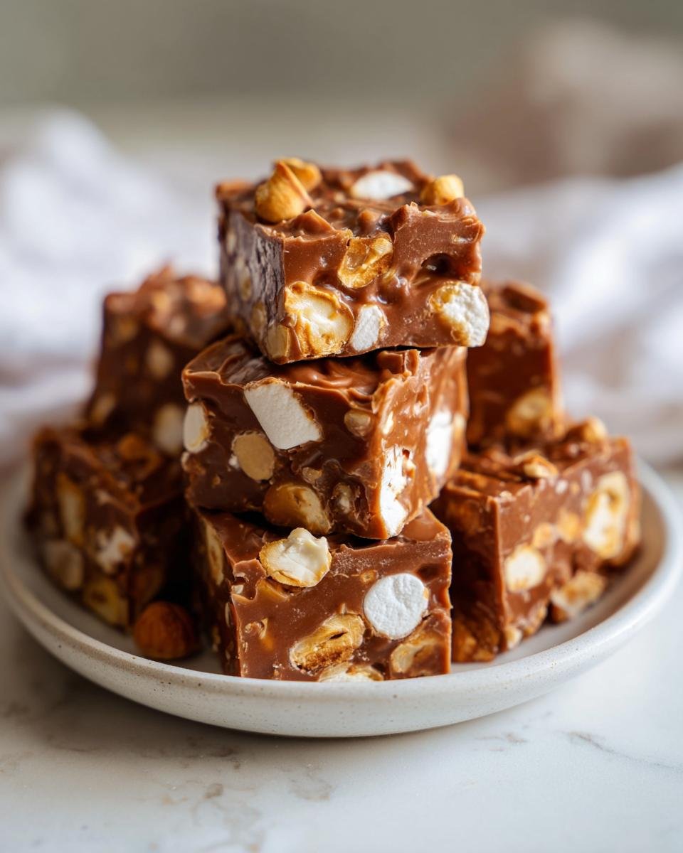 Stack of rich chocolate squares filled with marshmallows and nuts, representing the Irresistible Caramel Apple Rocky Road Delight Recipe.
