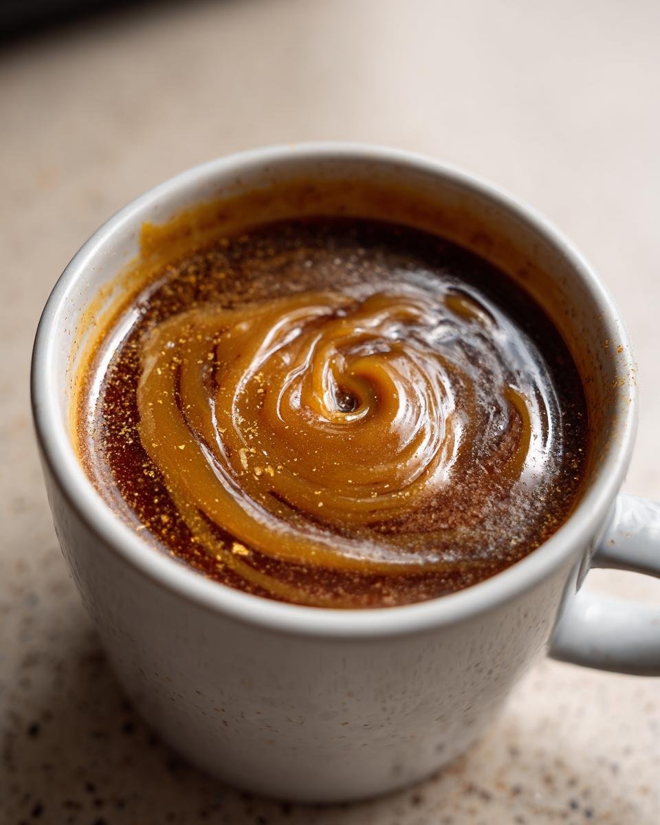 Close-up of a white mug filled with dark liquid, featuring a thick, glossy swirl of caramel on top, part of the Irresistible Caramel Apple Cider Recipe.