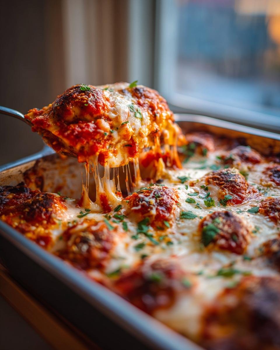 A spoonful of Irresistible Easy Cheesy Baked Ravioli Recipe being lifted, showing long, stretchy strings of melted cheese.