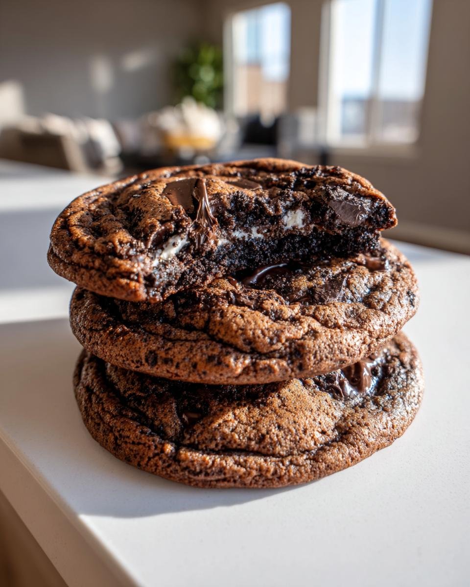 Stack of three Irresistible Chewy Oreo Chocolate Chip Cookies, one broken open showing the creamy filling.