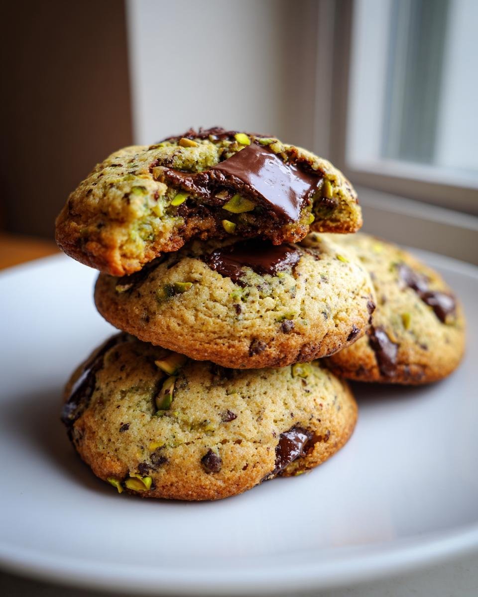 Stack of three Irresistible Chewy Pistachio Cookies with dark chocolate chunks oozing out of the top broken cookie.
