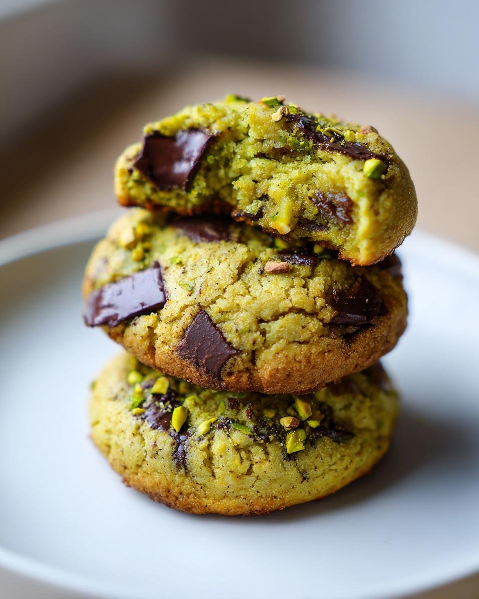 A stack of three Irresistible Chewy Pistachio Cookies with dark chocolate chunks, one on top is broken open.