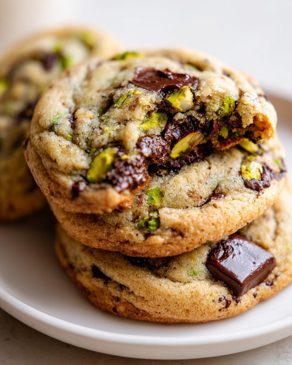 Close-up of a stack of Irresistible Chewy Pistachio Cookies with dark chocolate chunks, one cookie broken open.
