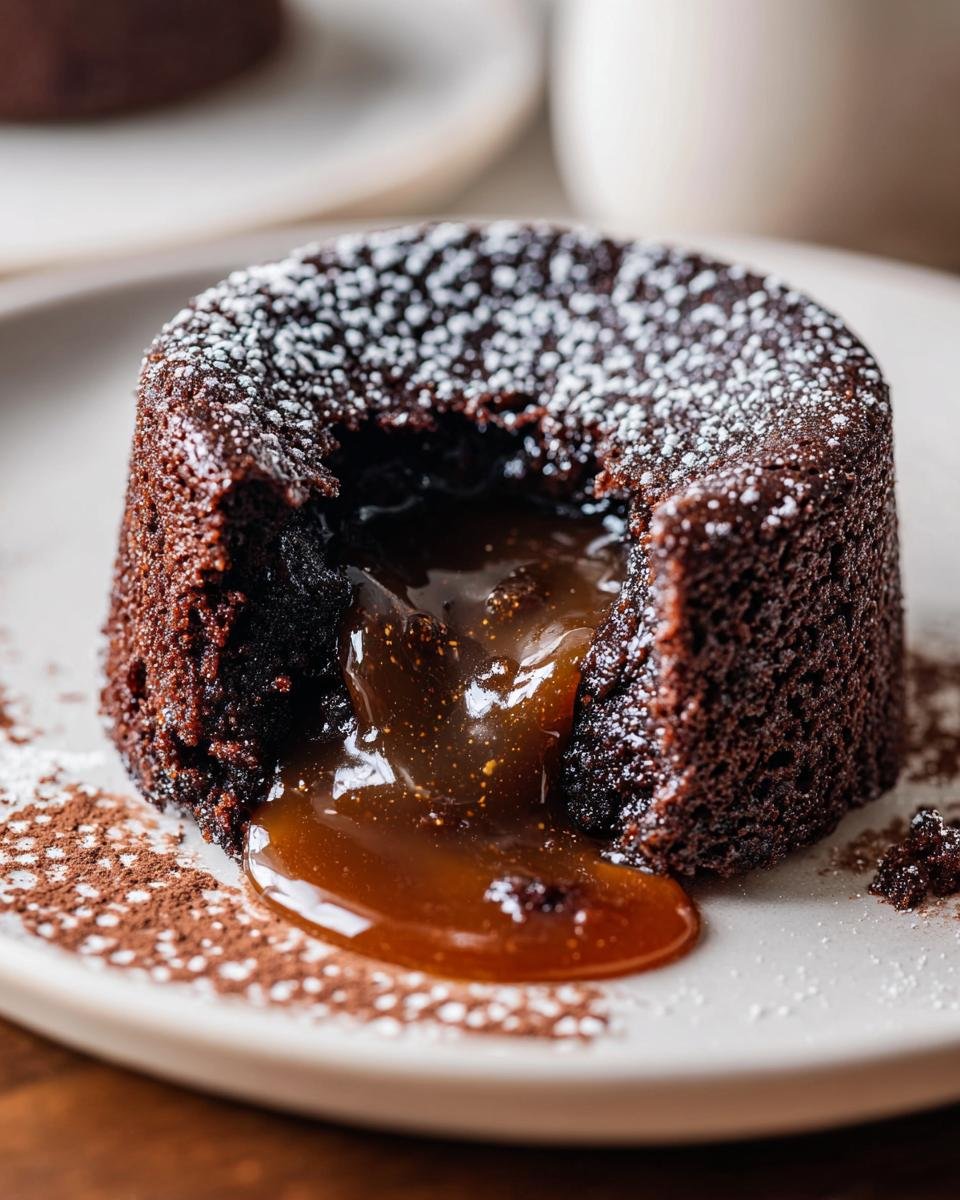 Close-up of a Chocolate Caramel Molten Lava Cake Delight with warm caramel oozing out, dusted with powdered sugar.