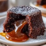 Close-up of a Chocolate Caramel Molten Lava Cake Delight with warm caramel oozing out, dusted with powdered sugar.