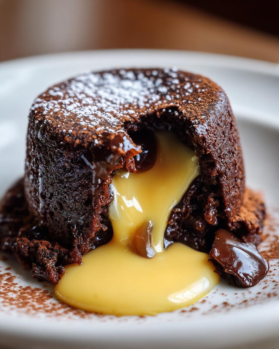 Close-up of a Chocolate Caramel Molten Lava Cake Delight with warm caramel center oozing onto a white plate.
