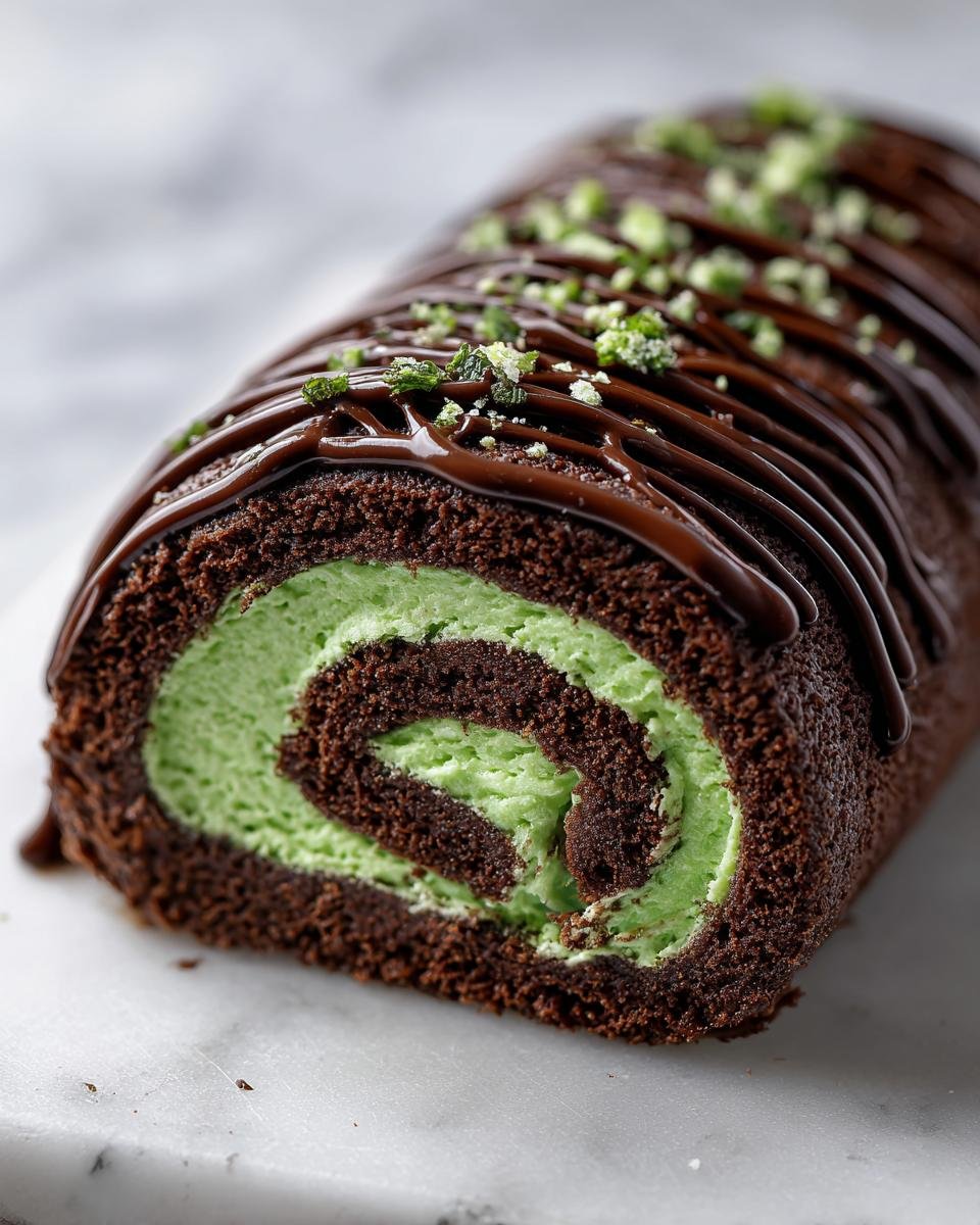 Close-up of an Irresistible Chocolate Peppermint Swiss Roll showing the dark chocolate cake swirl and bright green mint filling.