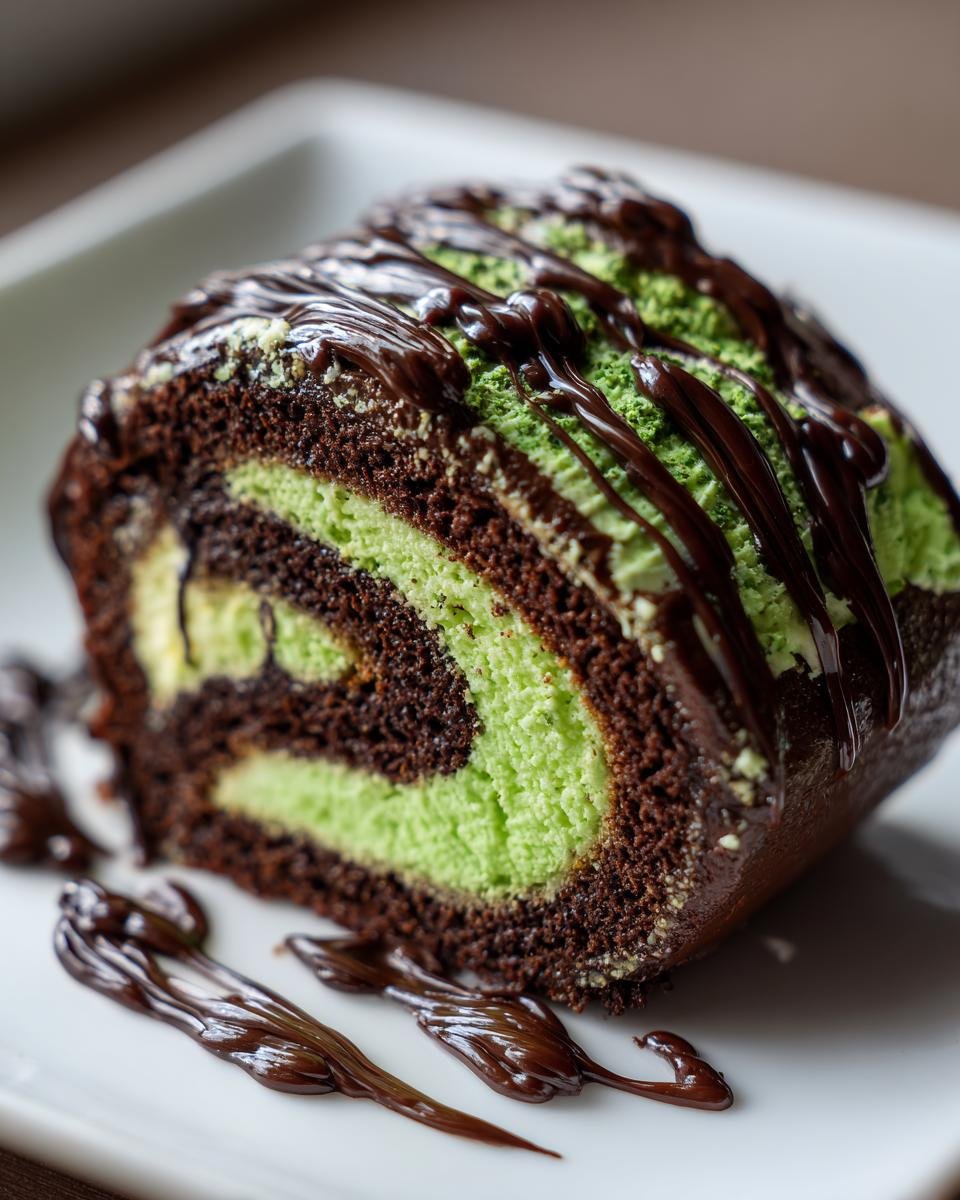 Close-up of an Irresistible Chocolate Peppermint Swiss Roll slice showing chocolate cake and bright green filling, topped with chocolate drizzle.