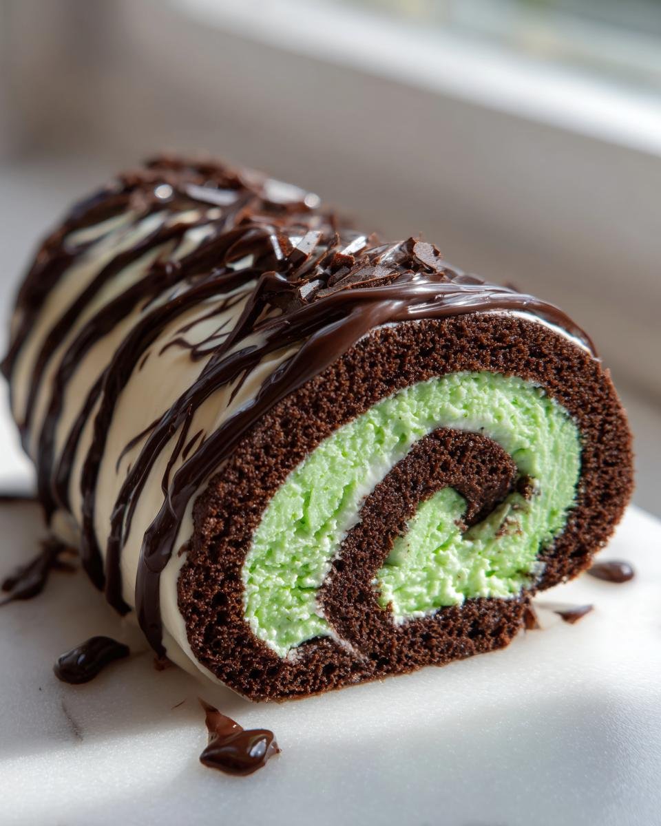 A cross-section of an Irresistible Chocolate Peppermint Swiss Rolls Recipe showing dark chocolate cake rolled with bright green peppermint cream filling.