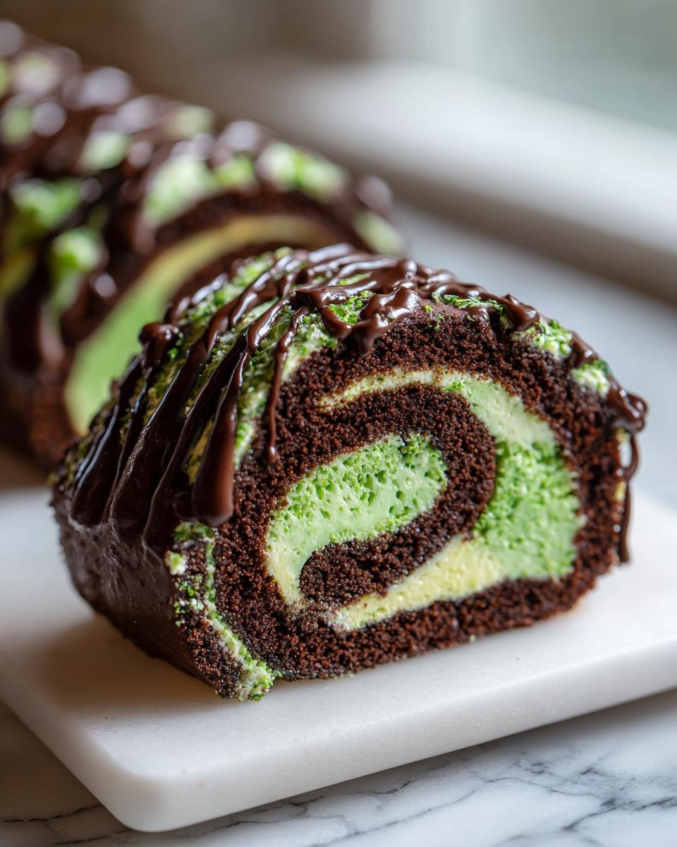 A close-up slice of an Irresistible Chocolate Peppermint Swiss Rolls Recipe showing a dark chocolate cake swirl around bright green peppermint filling, topped with chocolate drizzle.