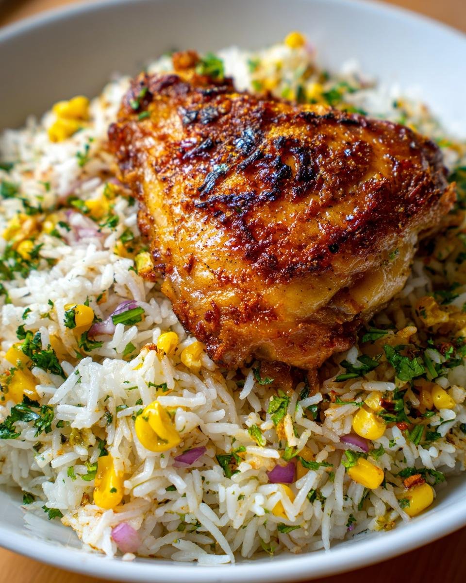 Close-up of a perfectly cooked chicken thigh served over fluffy cilantro lime chicken and rice with corn and red onion.