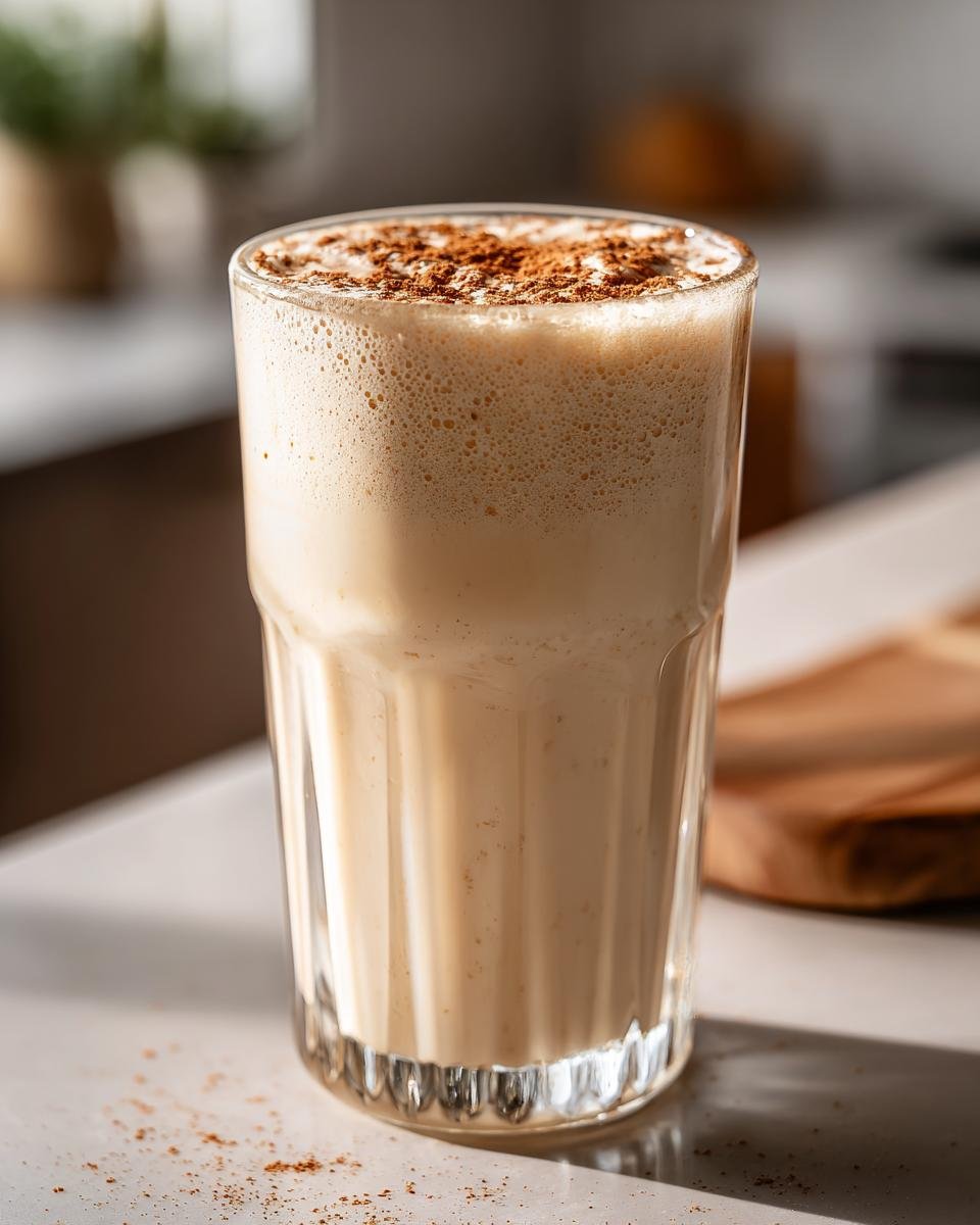 A tall glass filled with frothy Classic Eggnog, topped generously with ground cinnamon.