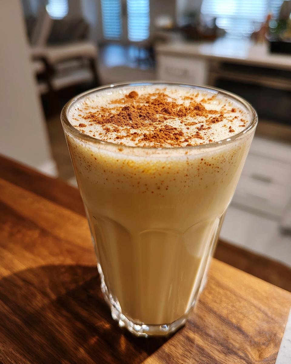 A glass of creamy, rich Classic Eggnog topped generously with ground cinnamon.