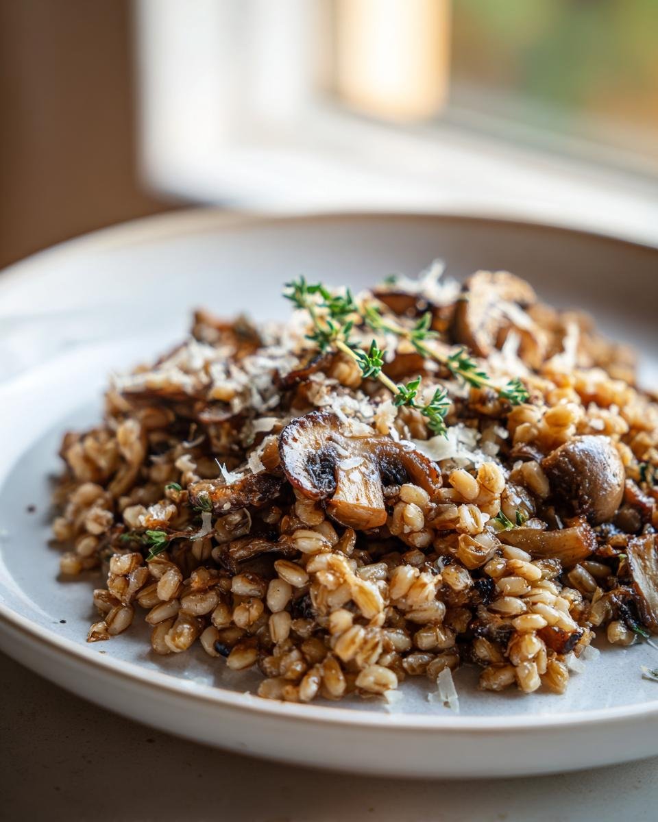 Close-up of Cozy Baked Mushroom Farro With Thyme, topped with saut&eacute;ed mushrooms and grated cheese.
