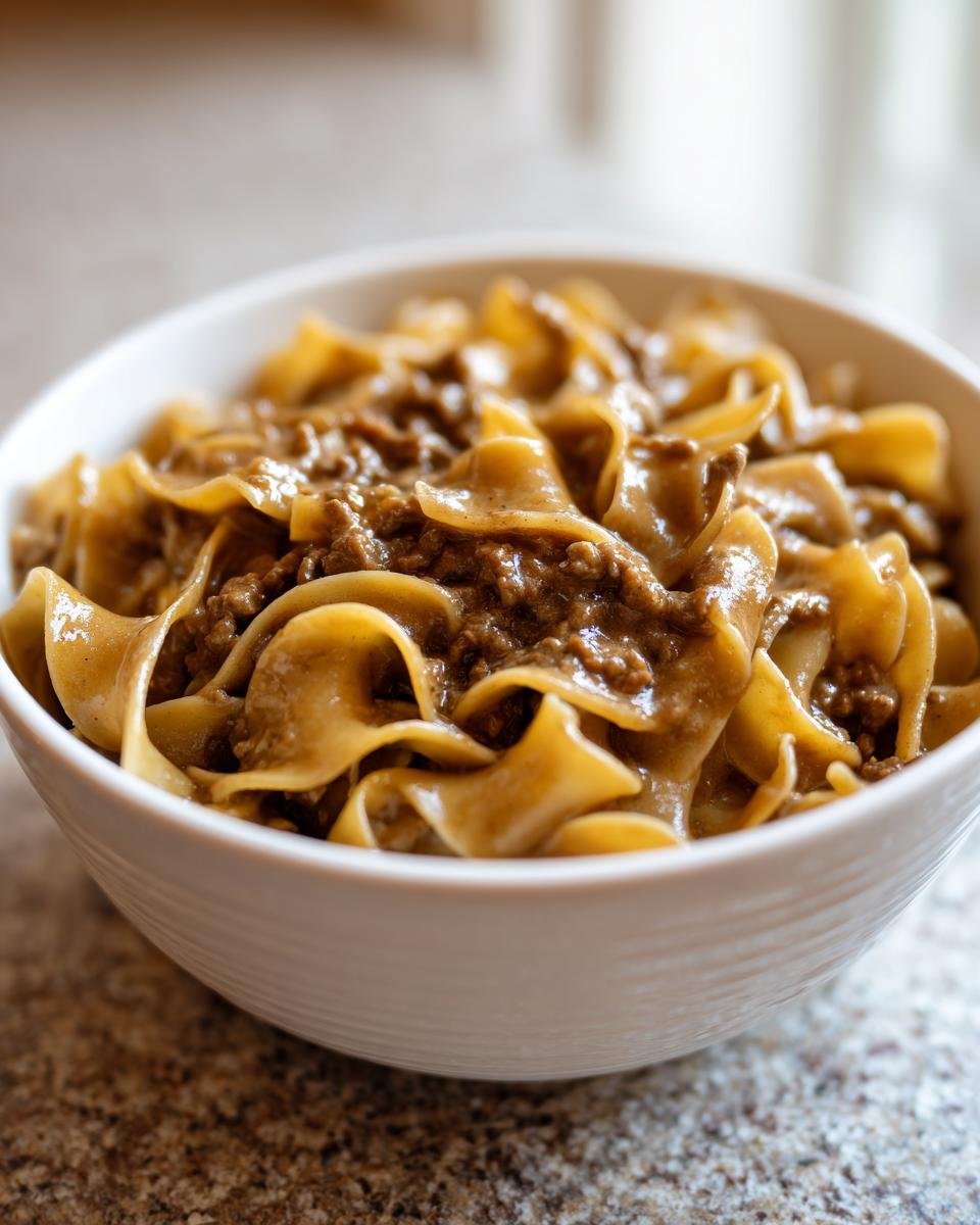 Close-up of a white bowl filled with Cozy Beef And Noodles, featuring wide egg noodles coated in a rich brown gravy and ground beef.