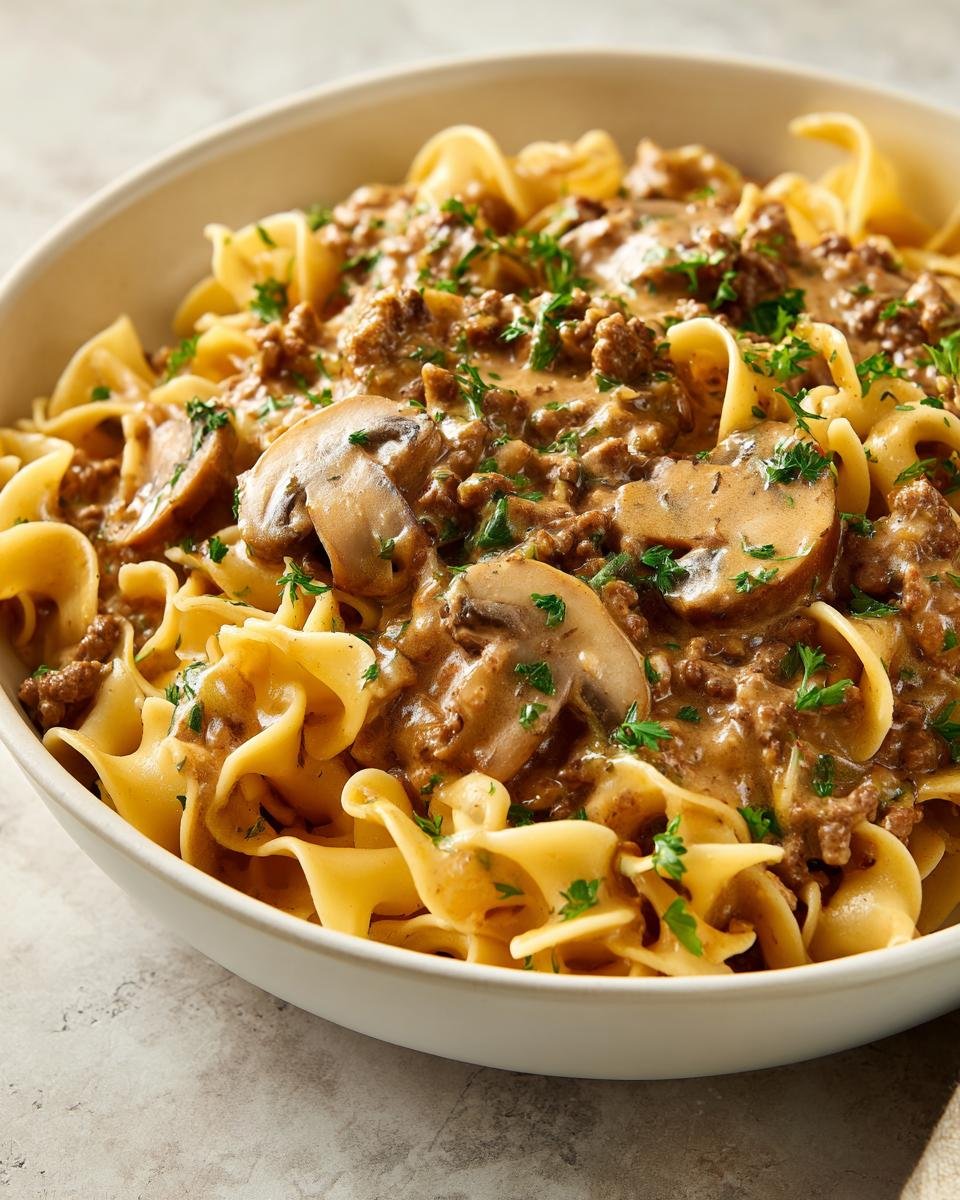 A close-up view of Cozy Beef And Noodles featuring egg noodles, creamy sauce, ground beef, and sliced mushrooms, garnished with parsley.