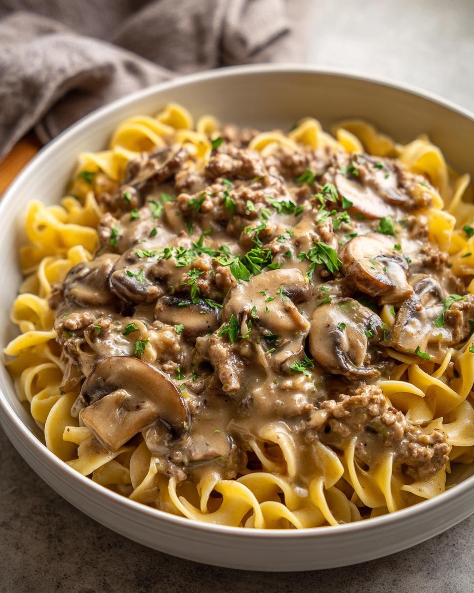 A bowl of Cozy Beef And Noodles topped with creamy mushroom sauce and fresh parsley.