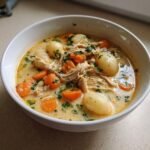 A close-up of a bowl of Cozy Chicken And Gnocchi Soup Recipe For Chilly Nights, featuring shredded chicken, carrots, and gnocchi.