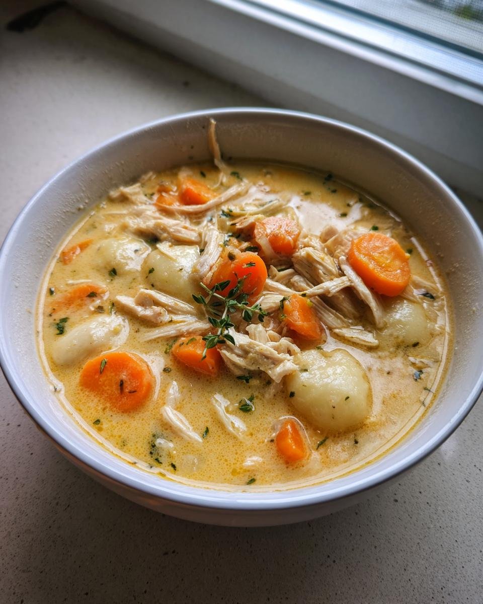A close-up of a creamy bowl of Cozy Chicken And Gnocchi Soup, featuring shredded chicken, sliced carrots, and dumplings.