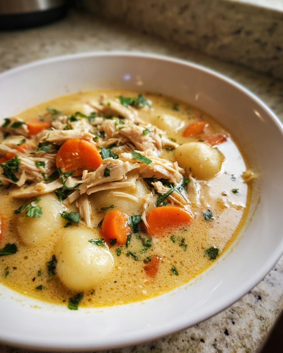 Close-up of a hearty bowl of Cozy Chicken and Gnocchi Soup with shredded chicken, carrots, and herbs.