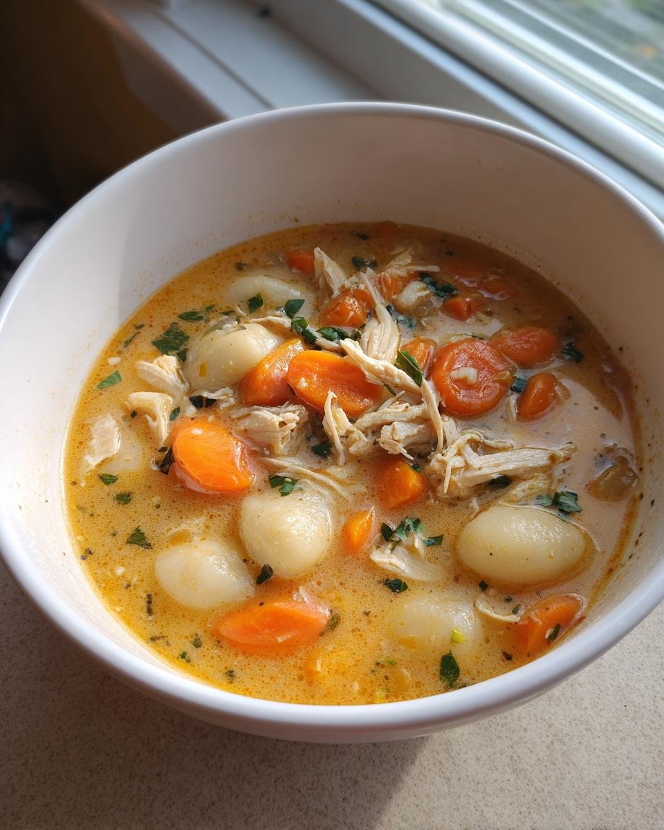 A close-up of a bowl of Cozy Chicken And Gnocchi Soup featuring shredded chicken, sliced carrots, and soft gnocchi in a creamy broth.