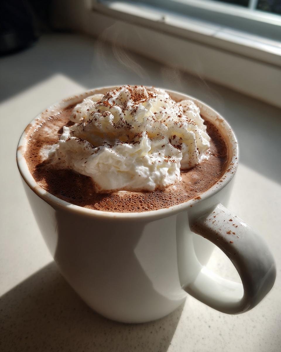 Close-up of a steaming mug of rich, dark Cozy Cinnamon Hot Chocolate topped with whipped cream and a dusting of cocoa.