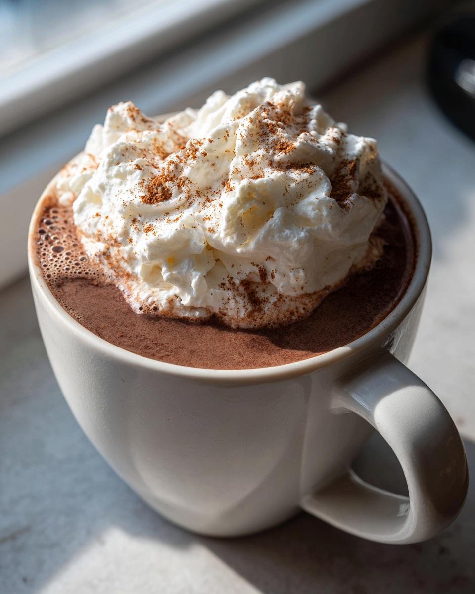 Close-up of a mug filled with Cozy Cinnamon Hot Chocolate, topped high with whipped cream and a dusting of cinnamon.