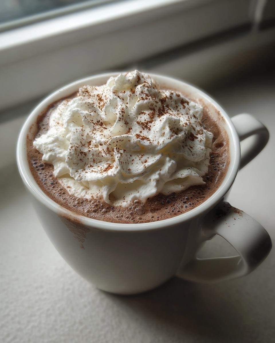 Close-up of a mug filled with Cozy Cinnamon Hot Chocolate Recipe topped high with whipped cream and dusted with cinnamon.