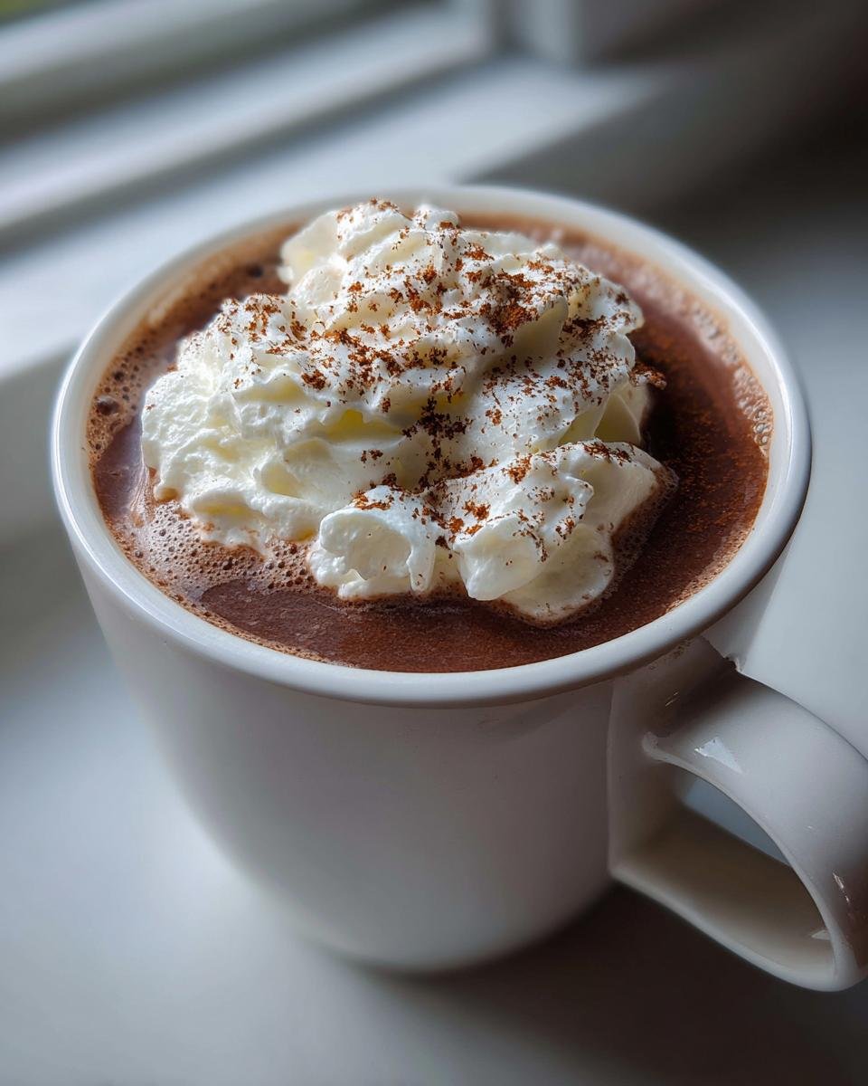 Close-up of a mug of Cozy Cinnamon Hot Chocolate Recipe topped with whipped cream and cinnamon dust.