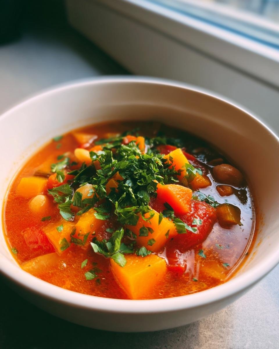 Close-up of a bowl of Cozy Fall Minestrone Soup featuring orange squash chunks and fresh parsley garnish.